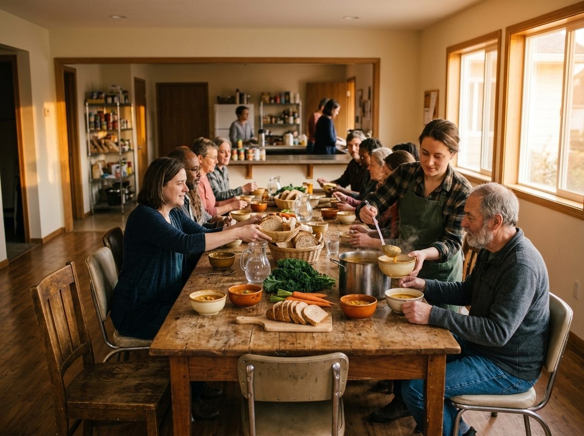Neighbors sharing soup and bread at a long community dinner table.