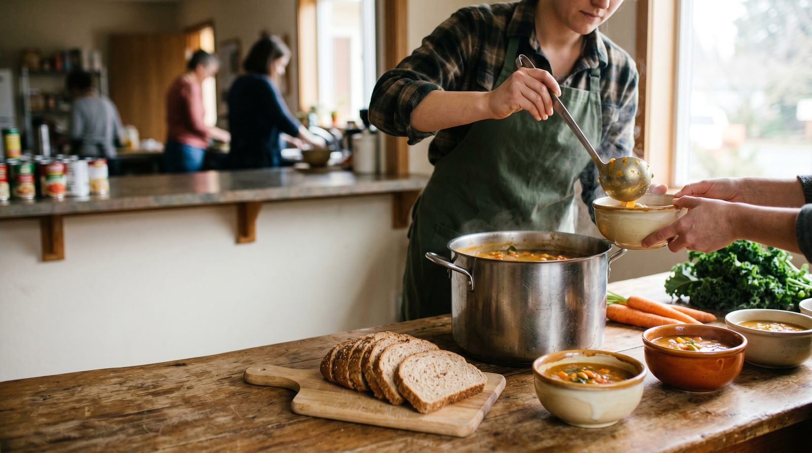 Volunteers ladling homemade vegetable soup into bowls on a wooden kitchen table at The Food Source Foundation in Olympia.