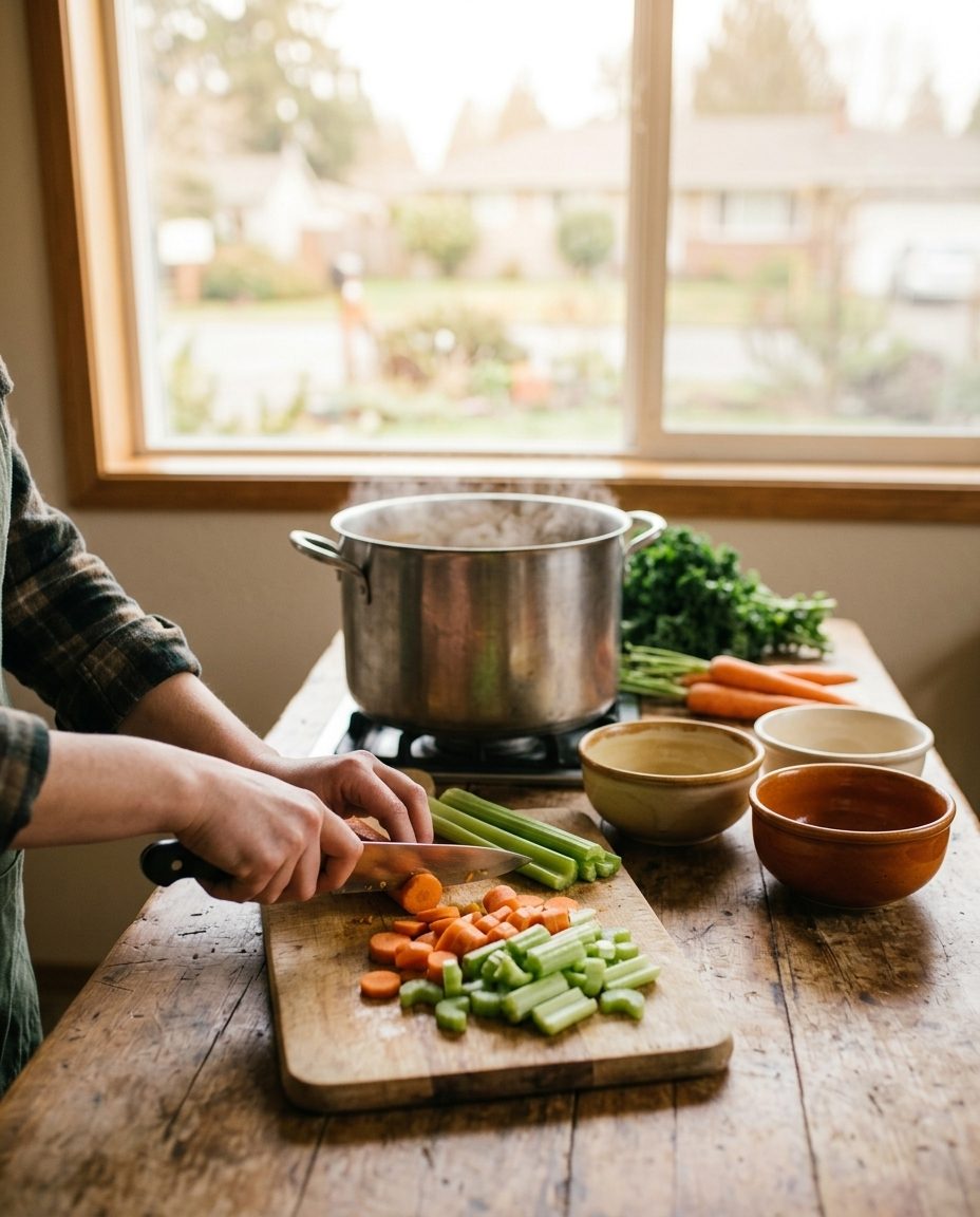Hands chopping fresh vegetables beside a steaming soup pot in a home kitchen in Olympia, Washington.